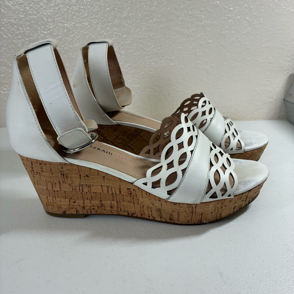 Isaac Mizrahi Live Womens White Leather Cork Wedge Platform Sandals Size 7.5 M